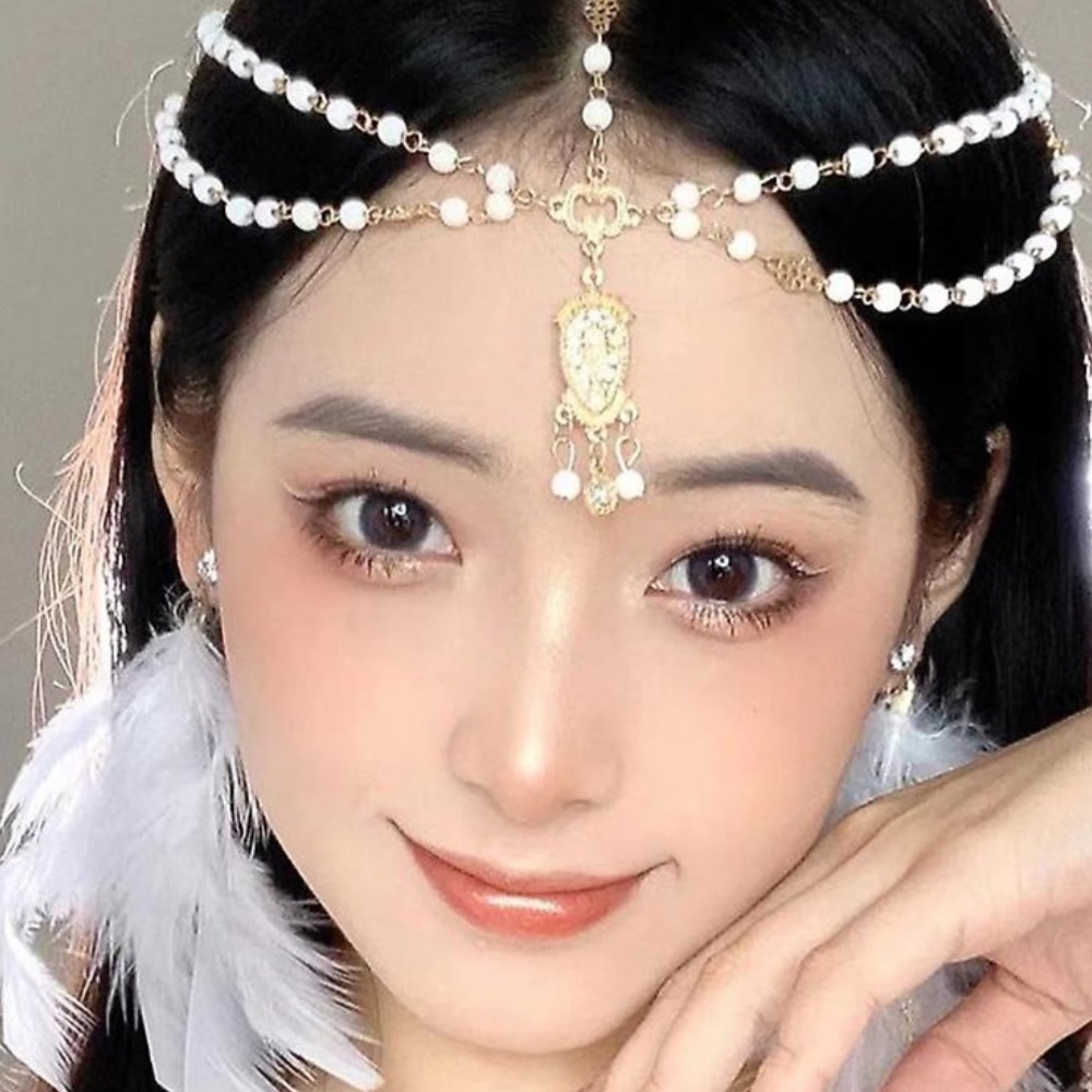 Bohemian head dress or necklace made of gold alloy and white beads